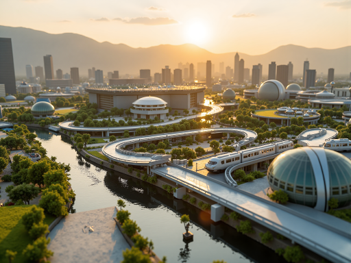 概念化的未来科技场景，城市与自然和谐共生，清洁能源设施，科技感与生态感并存