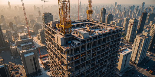 现代化高层建筑施工工地,塔吊作业,工人们正在施工,展现建筑工程场景